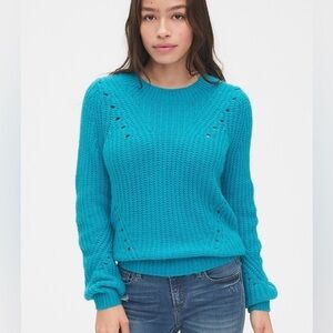Women's Blue Sweater Brushed Wool-Blend Pointelle Crewneck Sweater Alpaca